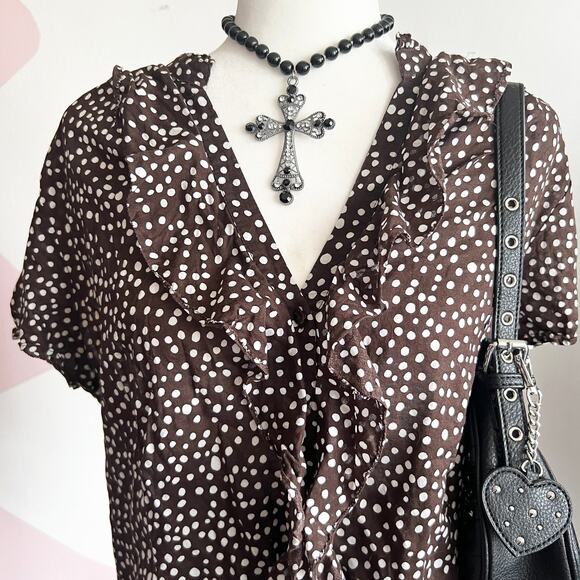 Brown Polka Dot Ruffle Top, Vintage Y2K, Cottagecore, Coquette, Girly, XXL - Picture 2 of 4